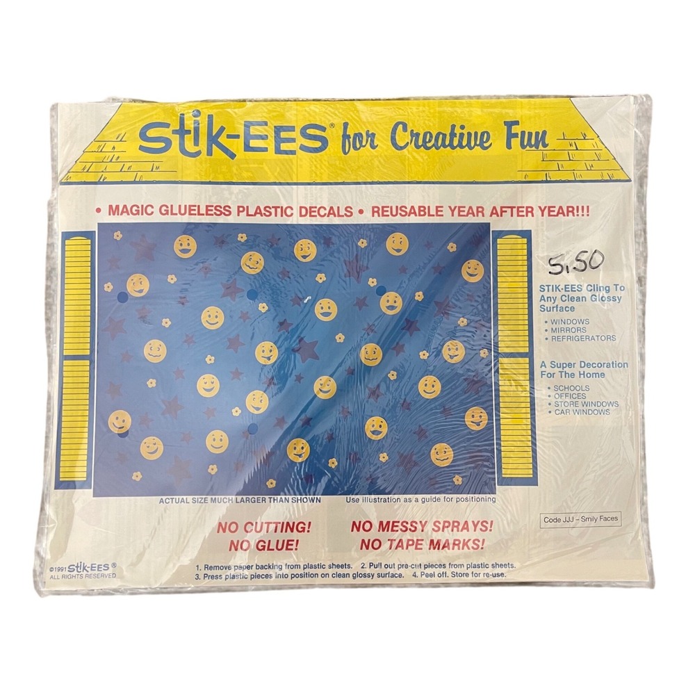 Vtg Stik-ees Window Clings smiley faces code‎ jjj 90s Teacher School blue yellow